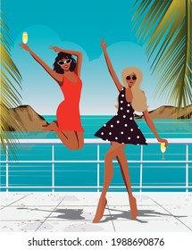 Digital illustration of two girls girlfriend having fun and taking pictures in different poses experiencing emotions of joy in summer on vacation