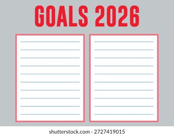Uma ilustração digital de duas páginas do planejador de definição de metas para 2026 com listas de metas alinhadas e um título vermelho em negrito sobre um fundo cinza claro.