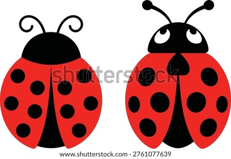 A digital illustration of two ladybugs with red bodies and black spots on a white background, facing forward and side