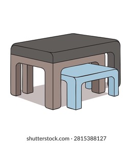 A digital illustration of two nested rectangular stools or small tables featuring a modern minimalist design in brown and light blue colors on a white background