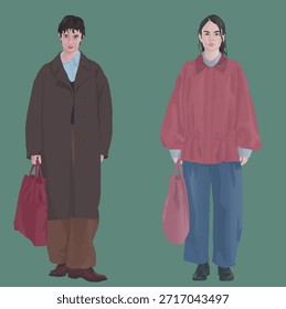 Eine digitale Illustration von zwei Personen, von denen einer einen langen Mantel und der andere eine lose rote Jacke trägt, beide mit Totentaschen, die lässige urbane Mode zeigen