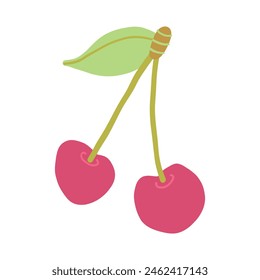 Digital illustration of two red cherries with green leaves and stems on a clean white background.