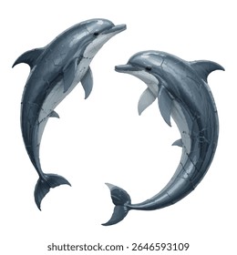 Uma ilustração digital de dois golfinhos elegantes e estilizados dispostos em uma formação yin-yang circular em um fundo branco limpo. Os golfinhos apresentam uma aparência suave e metálica com abstrato tipo crack