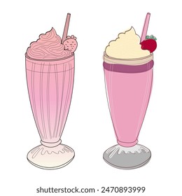 A digital illustration of two strawberry milkshakes with whipped cream and a straw, set against a white background.