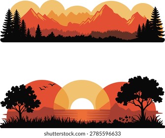 Digital illustration of two sunset landscapes with mountains and silhouetted trees against vibrant orange skies.