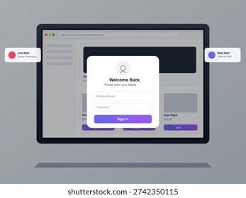 A digital illustration of a user interface mockup featuring a login modal window with email and password fields over a dashboard background with sales and live event notifications.