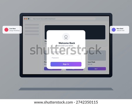 A digital illustration of a user interface mockup featuring a login modal window with email and password fields over a dashboard background with sales and live event notifications.