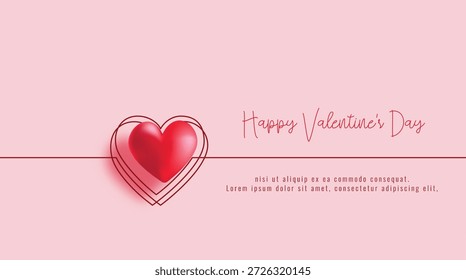 A digital illustration of a Valentine's Day card with a red heart and Happy Valentine's Day text on a pink background with a thin red line and placeholder text