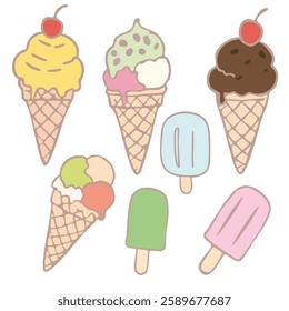 A digital illustration of a variety of frozen treats, including ice cream cones and popsicles, in various colors and flavors. 