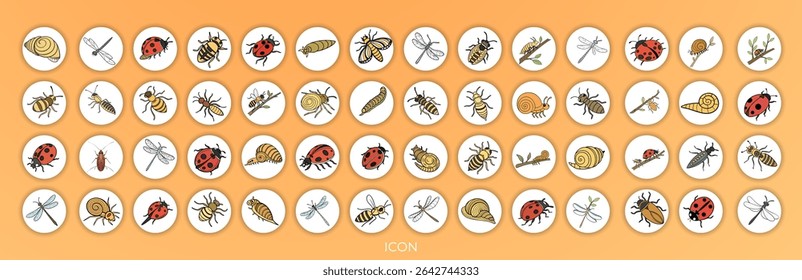 Uma ilustração digital de vários insetos, dispostos em um padrão de grade.  No alto, à esquerda, uma joaninha com casca vermelha e manchas pretas.  Meio superior, uma libélula com asas translúcidas e acentos azuis vibrantes.  T