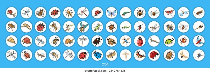 Uma ilustração digital de vários insetos, dispostos em um padrão de grade.  No alto, à esquerda, uma joaninha com casca vermelha e manchas pretas.  Meio superior, uma libélula com asas translúcidas e acentos azuis vibrantes.  T