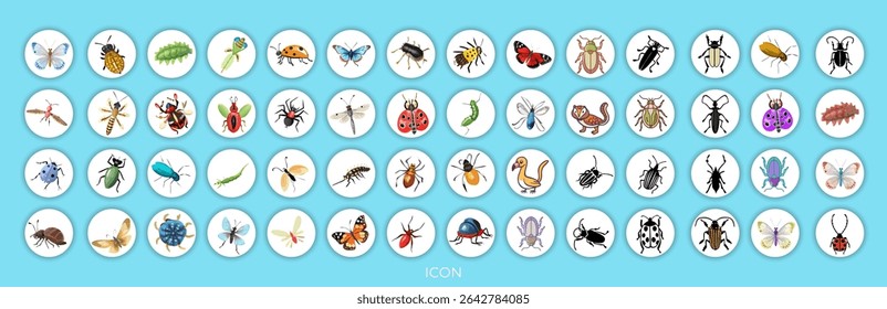 Uma ilustração digital de vários insetos, dispostos em um padrão de grade.  No alto, à esquerda, uma joaninha com casca vermelha e manchas pretas.  Meio superior, uma libélula com asas translúcidas e acentos azuis vibrantes.  T