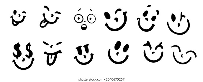 Digital illustration of various smiley faces in black and white. Each face shows different emotions such as happiness, surprise, or playfulness, ideal for digital communication.