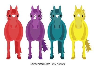 Digital illustration vector of four fantasy horses