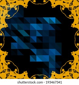 Digital illustration: vibrant abstract geometric design features dynamic composition with triangular shapes in various shades of blue arranged on deep black background. Rich navy, turquoise, and lighter azure tones create cool modern aesthetic while triangles vary in size and orientation to generate movement and depth within piece. Ornate gold frame with intricate swirls and motifs adds elegance and contrast, enhancing visual appeal and bringing warmth to make blue hues pop dramatically against its richness. This artwork utilizes digital art style focusing on sharp edges and clean lines for contemporary look, with well-balanced composition drawing viewer eye toward center while gold embellishments provide sophisticated border. Illustration suits commercial uses including background designs, wallpapers, promotional graphics, or eye-catching element in marketing materials for industries related to tech, art, or luxury products. Overall mood conveyed by colour combination is both serene and stylish, presenting perfect blend of modernity and classic elegance.