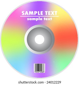 Digital illustration: vibrant compact disc displays gradient colors across holographic surface with purple, blue, green, yellow, and red shades. Silvery central hub provides circular contrast against colourful background while bold uppercase text reads SAMPLE TEXT across top and bottom sections. Standard barcode appears below centre, suggesting commercial packaging for music, data, or digital media. Clean design features smooth glossy finish enhancing reflective quality of hues captured in flat front-facing composition. This graphical element offers easy visibility for media-related projects, digital product promotions, packaging layouts, and software presentations. Bright cheerful colour scheme evokes creativity and modernity aligned with technology and entertainment themes.