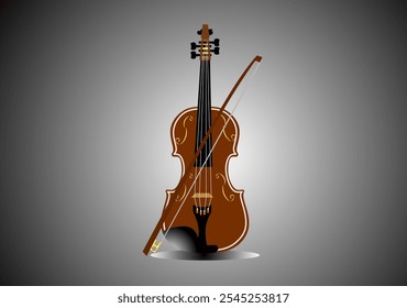 digital illustration of a violin with a bow leaning against it. The violin is brown with decorative details, and the background is gradient grey, creating a spotlight effect around the instrument