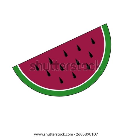 a digital illustration of a watermelon slice. It features deep red flesh with black teardrop-shaped seeds, a thin white rind, and a thick green outer skin