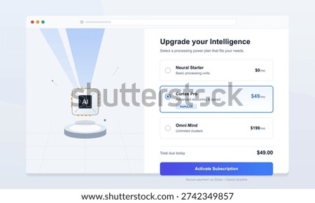 A digital illustration of a web interface for selecting artificial intelligence processing plans, featuring a floating AI chip and three subscription tiers with pricing options.
