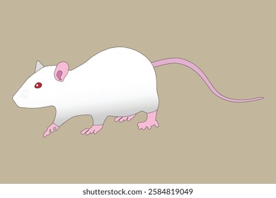 Digital illustration of a white laboratory rat with red eyes, pink ears, and a long pink tail, set against a neutral background, Illustration of White Laboratory Rat with Pink Tail.

