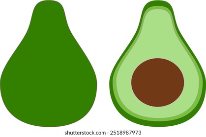 digital illustration of a whole avocado and its cross-section, revealing its green flesh and brown seed.
A simple, cartoon-style illustration of a whole avocado and half an avocado