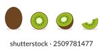 Digital illustration of a whole kiwi fruit and three sliced pieces, showcasing the green flesh and seeds on a white background.