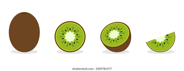 Ilustração digital de um kiwi inteiro e três pedaços fatiados, mostrando a carne verde e sementes em um fundo branco.