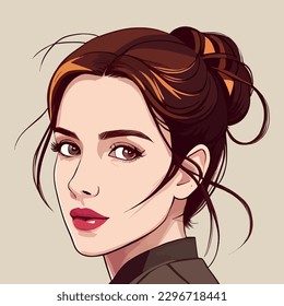 A digital illustration of a woman with brown hair and red lips.