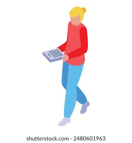 Digital illustration of a woman in casual business attire walking and reading her tablet