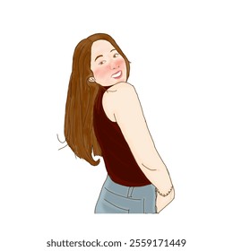 Digital illustration of a woman happily looking back over her shoulder, styled with warm tones. Her casual outfit and charming smile evoke feelings of positivity and confidence in a cheerful ambiance.