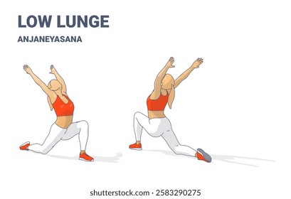 Digital illustration of a woman performing Low Lunge Pose Anjaneyasana, a yoga posture for flexibility and balance. Perfect for fitness guides, yoga materials, and wellness content.