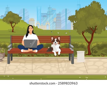 A digital illustration of a woman sitting cross-legged on a park bench, working on her laptop. Beside her, a happy brown and white Border Collie dog sits on the bench. The background features a green