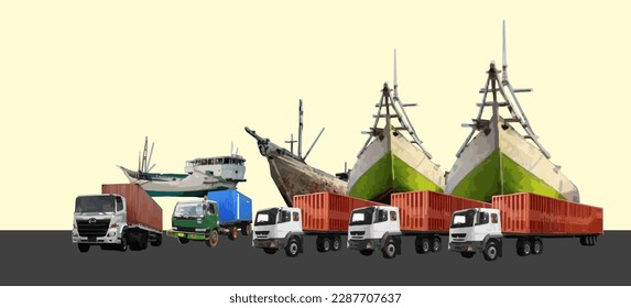 Digital illustration of wooden ships, container trucks, porters at Sunda Kelapa port, Jakarta