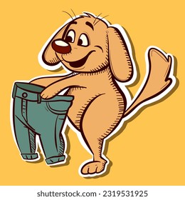 Digital illustration of a yellow dog putting on a pair of pants. Vector of a happy golden retriever cartoon wearing blue jeans