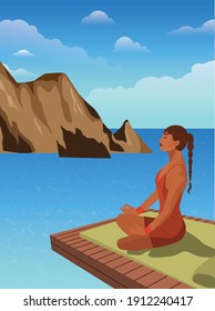 Digital illustration of a yogi girl doing yoga sitting in a lotus position and meditating on the water against the backdrop of a mountain landscape