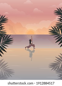 Ilustración digital de una muchacha yogui haciendo yoga y meditación al atardecer o amanecer