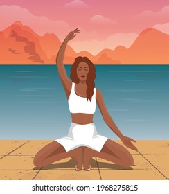 Digital illustration of a yogi girl doing yoga on vacation on the island during sunset