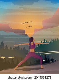 Digital illustration of a yogi girl doing yoga in nature at sunset in the mountains