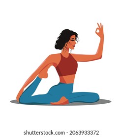 Digital illustration of a yogi girl meditating and relaxed doing yoga in a pose