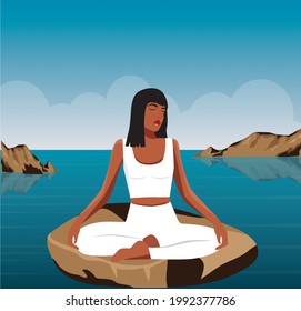 Digital illustration of a yogi girl in the summer resting and meditating on vacation on the island and doing yoga on the water