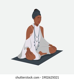 Digital illustration of a yogi girl in a turban is engaged in yoga meditates in the lotus position