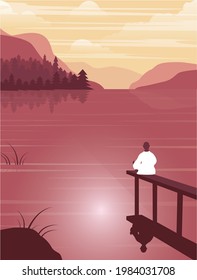 Digital illustration of yogi meditating on fresh air in nature by the lake against the backdrop of a mountain landscape