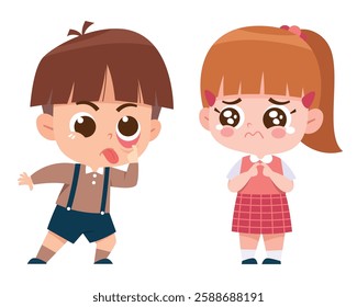 A digital illustration of a young boy whispering a secret while a girl looks nervous and worried. The scene captures emotions such as gossip, surprise, and concern, highlighting childhood social inter