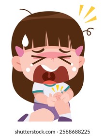 A digital illustration of a young girl crying in pain while holding her injured knee.