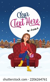 Digital Illustration of Young Girl with Mistletoe on Hands, sitting on red couch. Winter city landscape, Christmas, new year background. Book cover illustration.