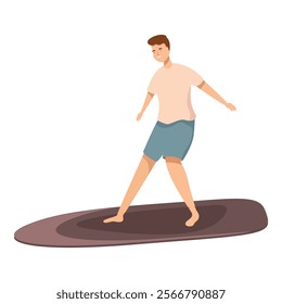 Digital illustration of a young male cartoon character surfing on a brown board