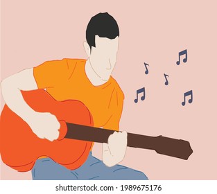 A digital illustration of a young man playing an acoustic guitar