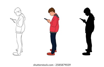 A digital illustration of a young man wearing a hoodie, engrossed in his smartphone. The image includes three variations: an outline sketch, a fully colored version, and a silhouette