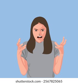 Digital illustration of a young woman displaying frustration, characterized by anger on her face and raised hands expressing emotion, likely depicting stress or irritation. Suitable for emotional