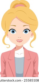 Digital illustration of a young woman with fair skin and blonde hair styled in a high, messy bun with loose curls. She has large, expressive blue eyes, arched eyebrows, and rosy cheeks.